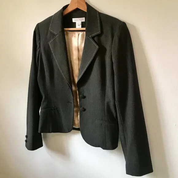 WHBM Grey Blazer Suit Jacket White Stitching, Size 8 - Picture 3 of 16